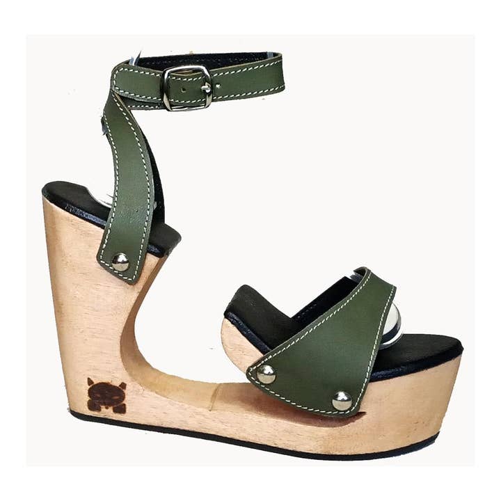 S425: Handmade Carved Wooden Heel Leather Mules for wholesale by OMES