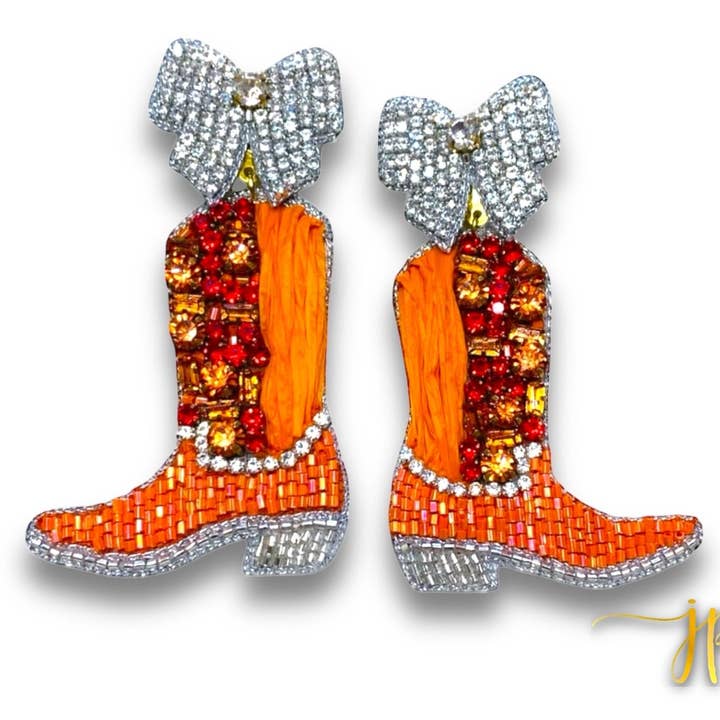 Beaded Game Day Cowgirl Boot Earrings in Orange Rhinestones and Raffia with Coquette Bows - Game Day Jewelry, Team Colors for wholesale by Jenny Patrick Designs ™