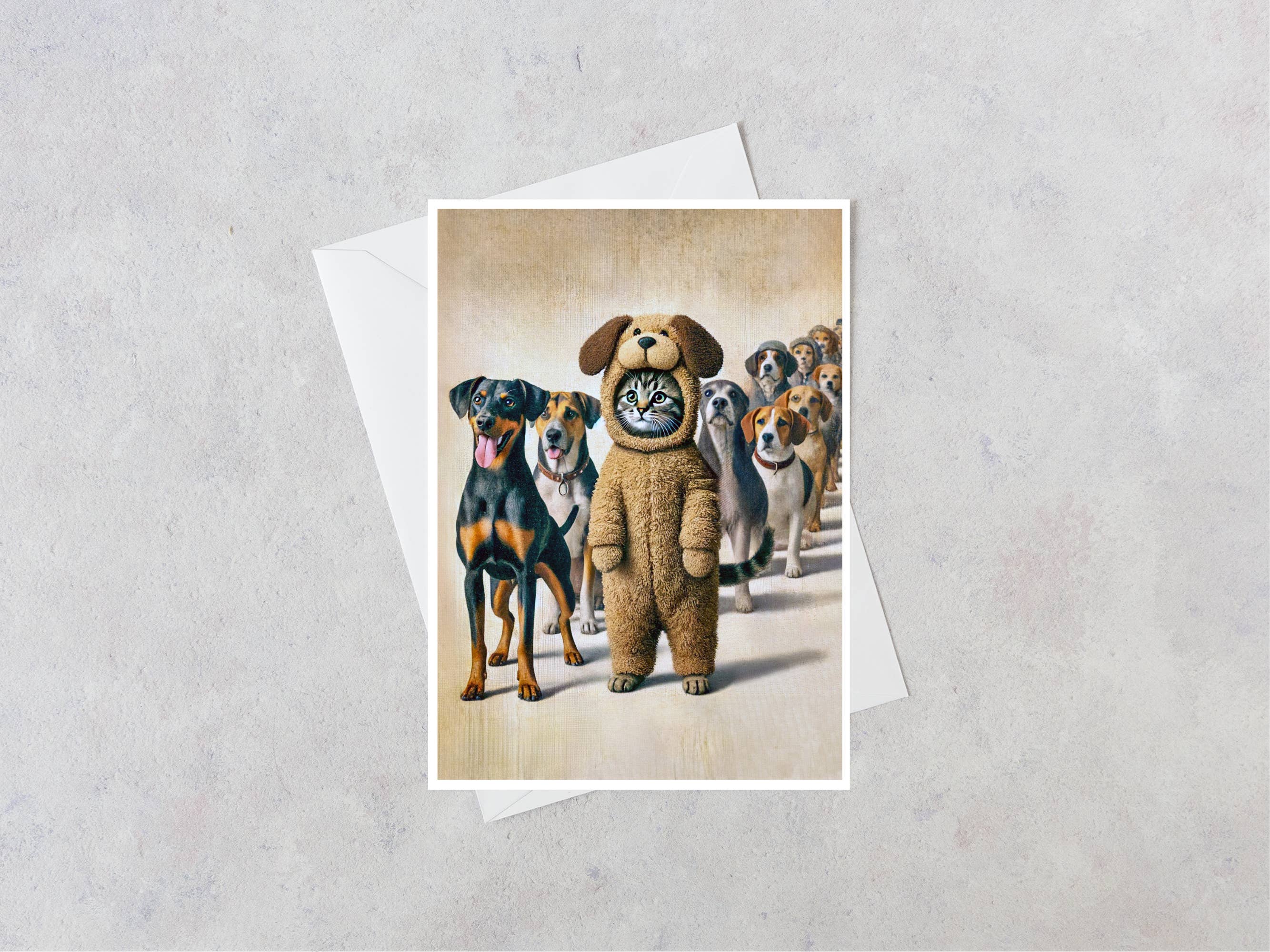 Salty Alyce – Cartão de saudação diária por atacado – Fur-Real Imposter: O Gato em Cartão Branco de Paw-suit LL4