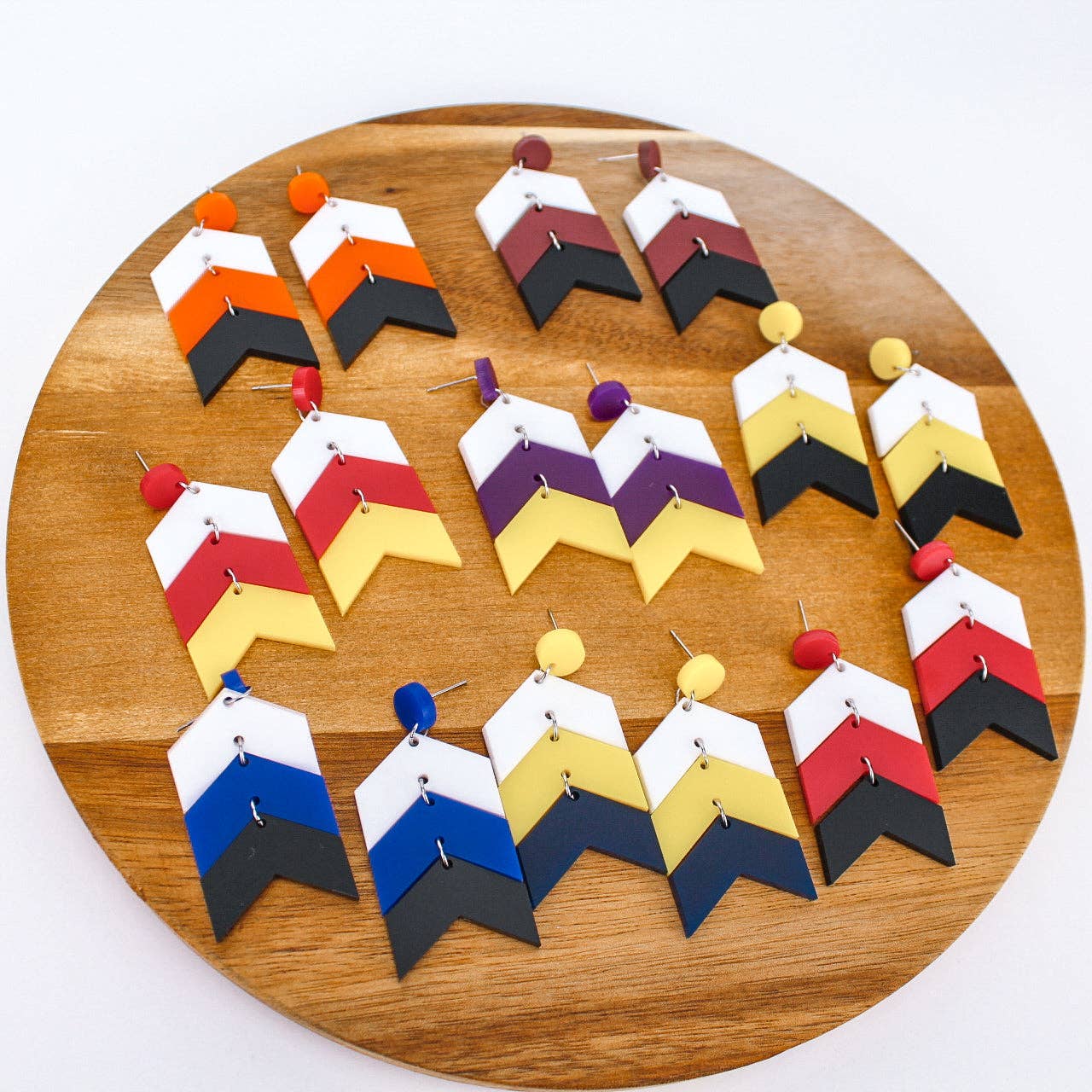 Mud & Honey - Wholesale Dangle Earrings - Chevron School Spirit Dangles - White/Orange/Black4