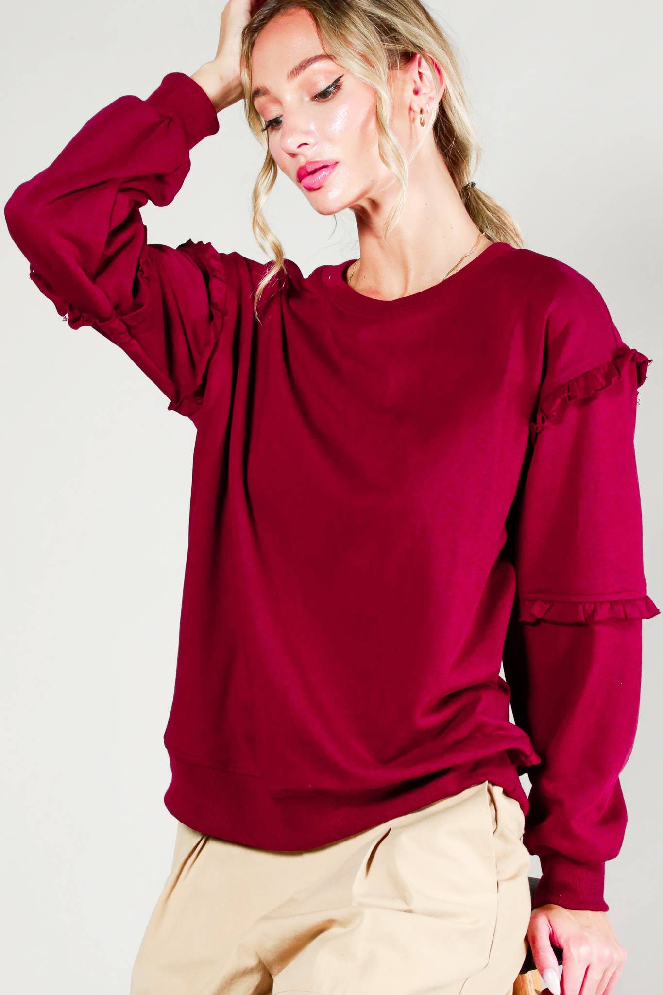 Vine & Love - Wholesale Sweatshirt - Women's - Crew Neck Ruffle Detail French Terry Sweatshirt VT700836
