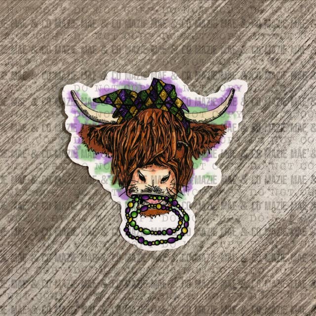 Mardi Gras Highland Cow Sticker for wholesale by Mazie Mae & Co