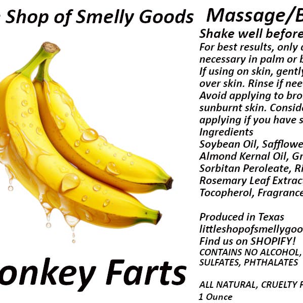Monkey Farts Massage and Body Oil for wholesale by Little Shop of Smelly Goods