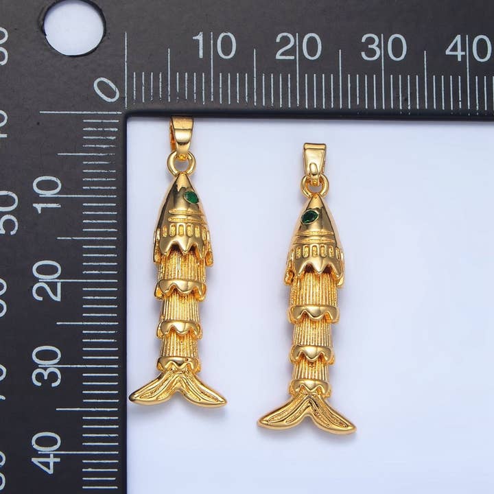 Aim Eternal - Wholesale Individual Charm/Pendant - 24K Gold Filled 35mm Green CZ Multidimensional Artisan Fish Charm | AA9671