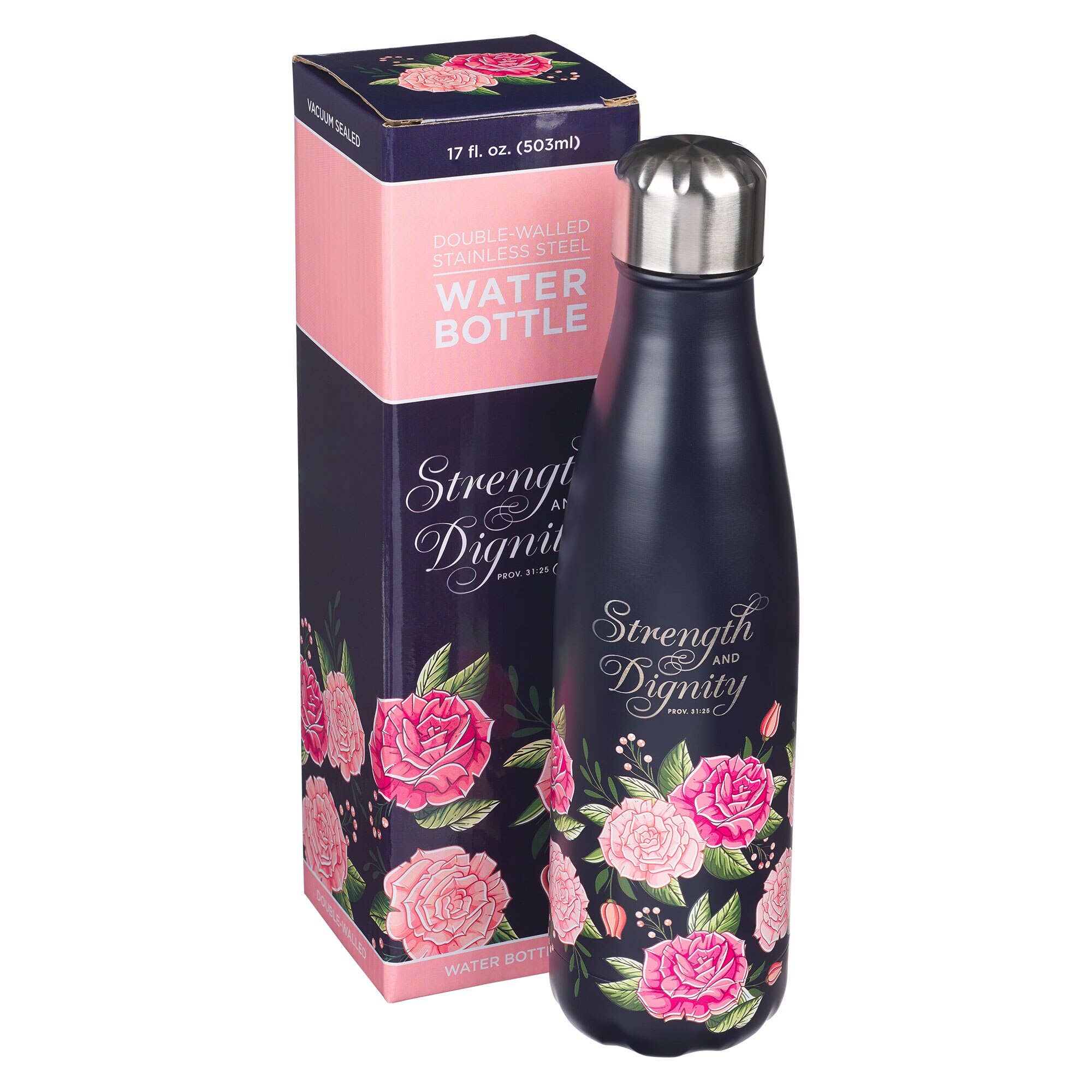 Christian Art Gifts - Wholesale Water Bottle - Water Bottle SS Navy Floral Strength & Dignity Prov. 31:251