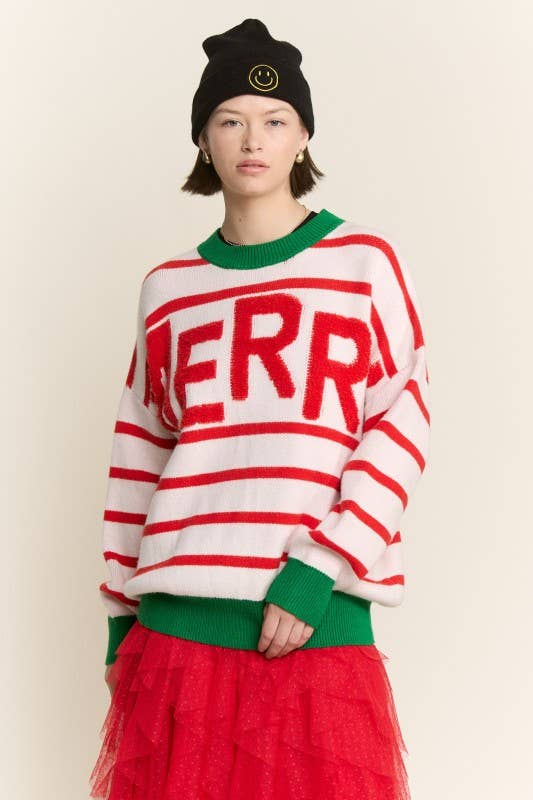 WHITE RED PLUS SIZE STRIPED CHRISTMAS MERRY SWEATER for wholesale on Faire9