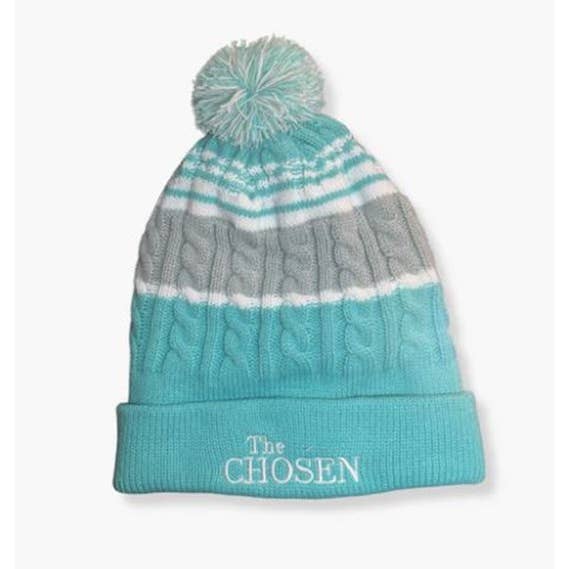 Beanie-The Chosen W/Pom Pom-Teal/Gray Striped for wholesale by Anchor Distributors