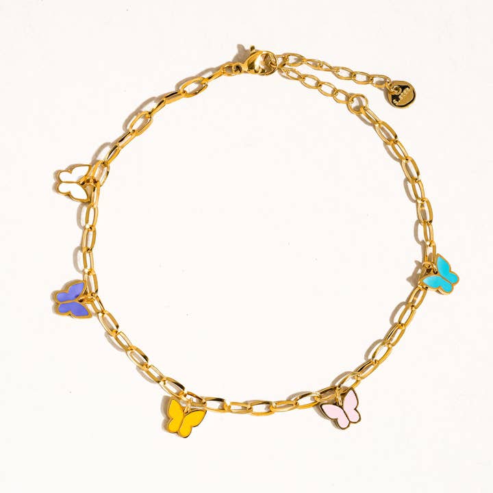 Multi Colored Villa 18K Gold Non-Tarnish Multi-Color Butterfly Anklets for wholesale on Faire