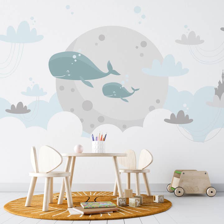 Vægmaleri med hval til babyværelset, måne og skyer, selvklæbende tapet for engroshandel hos SimurgWallArts