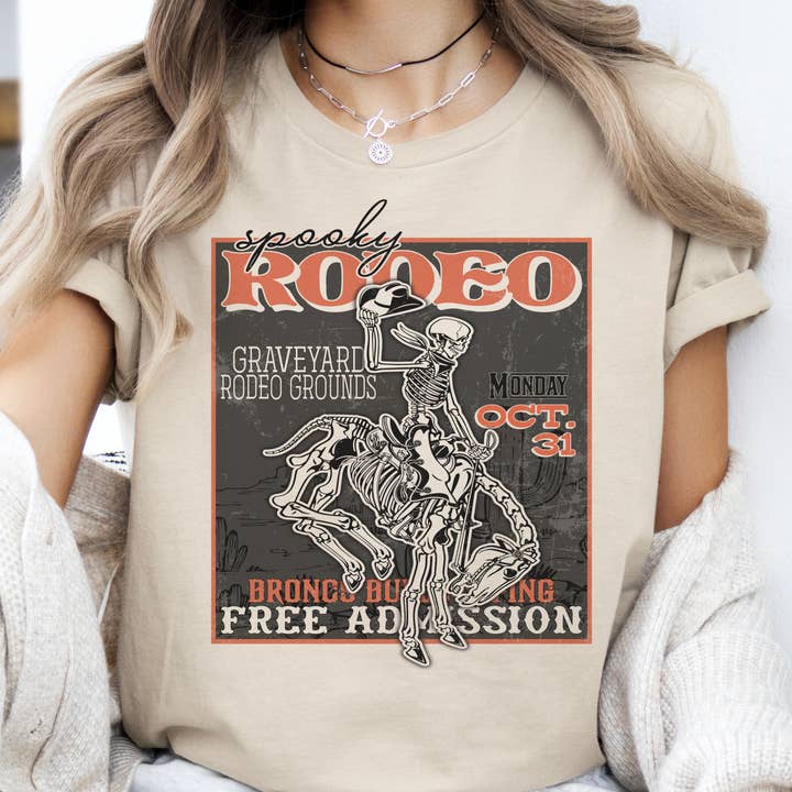 Halloween Western Uhyggelig Rodeo Cowboy Skelet Grafisk T-shirt for engroshandel hos Par.tees by Party On!