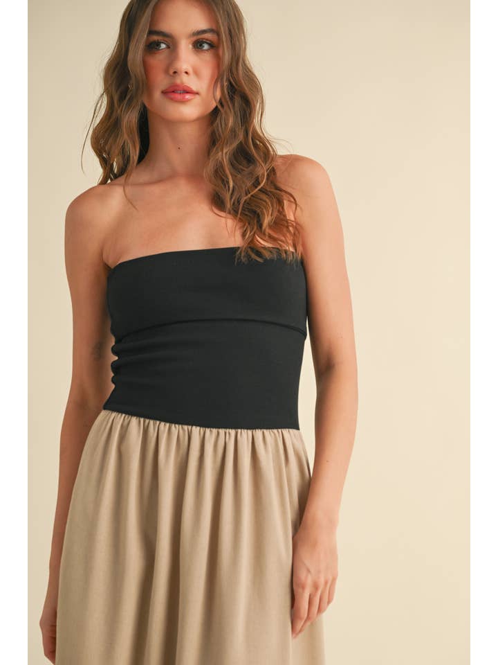 MIOU MUSE - Wholesale Dress - Women's - D3442 LINEN WITH RIBBED KNITTED TOP COMBO DRESS