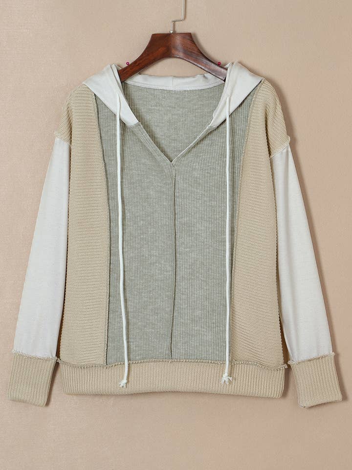 Grey Long Sleeve Textured Knit Patchwork Hoodie for wholesale on Faire