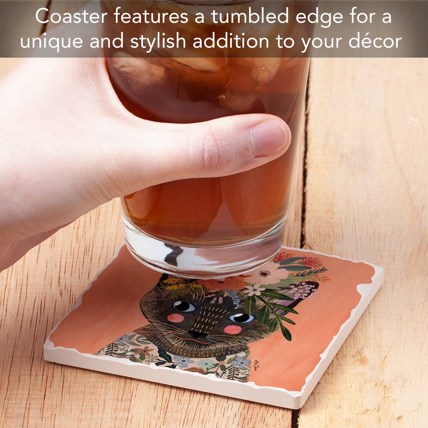 Conimar Promotions - Wholesale Coasters - "Floral Pets-Siamese" Single Tumbled Tile Coaster   5