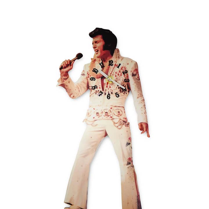 Elvis White Jumpsuit Pendulum Wall Clock for wholesale by Ocean Peak Australia and New Zealand Pty Ltd