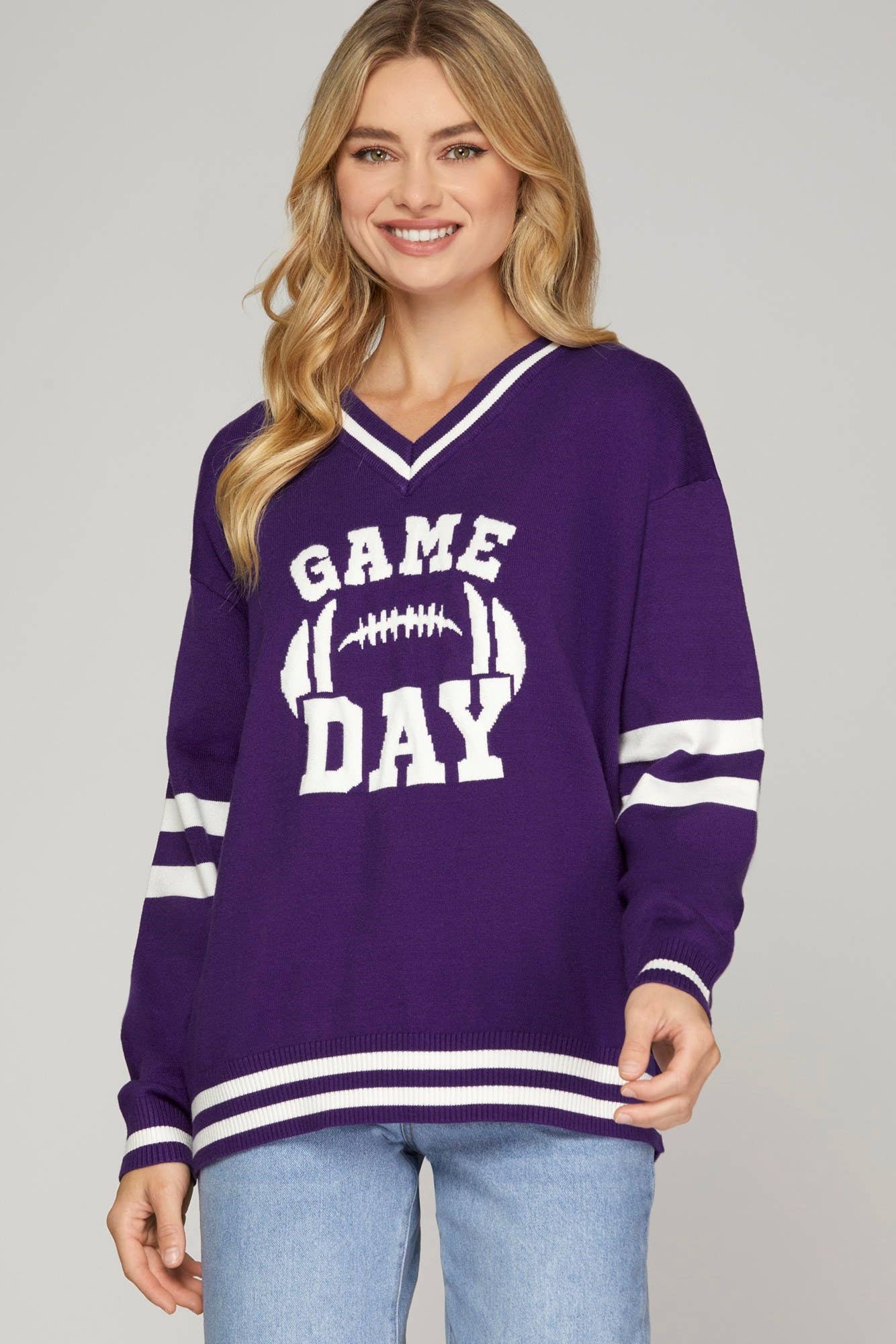 Vanilla Monkey – wholesale Sweatshirt – Women's – Game Day V Neck Varsity Sweater Top2