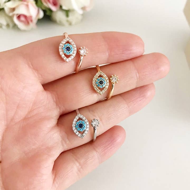 Evileyefavor - Wholesale Cocktail/Statement Ring - Adjustable Evil Eye Ring, Zircon Evil Eye Ring, Rose Gold Silver Ring5