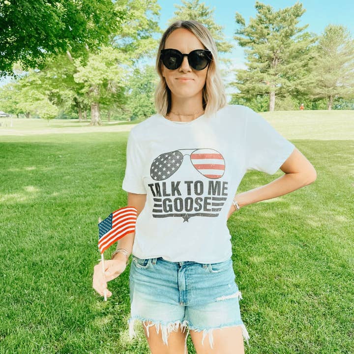 White Talk To Me Goose Tee for wholesale on Faire
