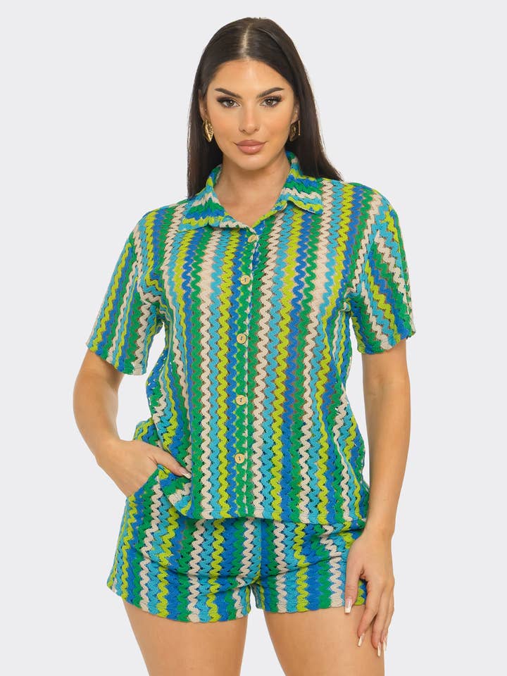 Crochet Front Button Down Top And Shorts Set for wholesale by Julia by LoveJ