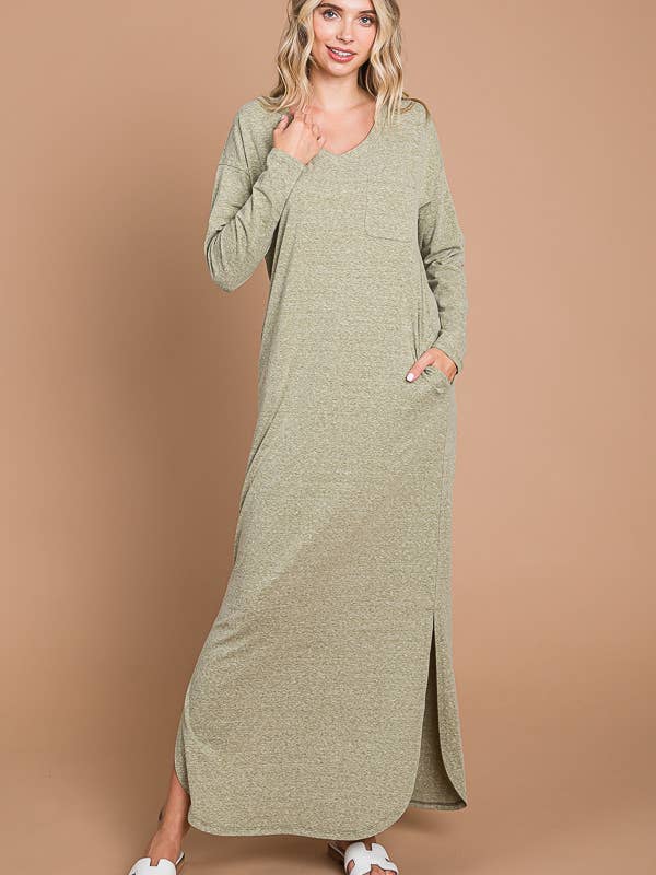 CJD1910LX - WIDE V-NECK LSLV DEEP SIDE SLIT MAXI DRESS for wholesale by Culture Code