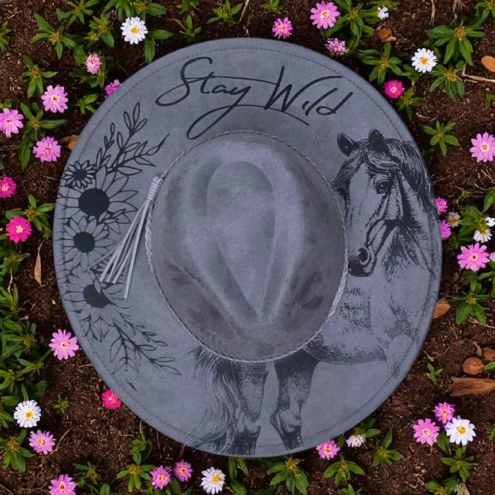 Wild Horse Engraved Fedora Vegan Suede Hat, Country Western for wholesale by The Kustom Edge