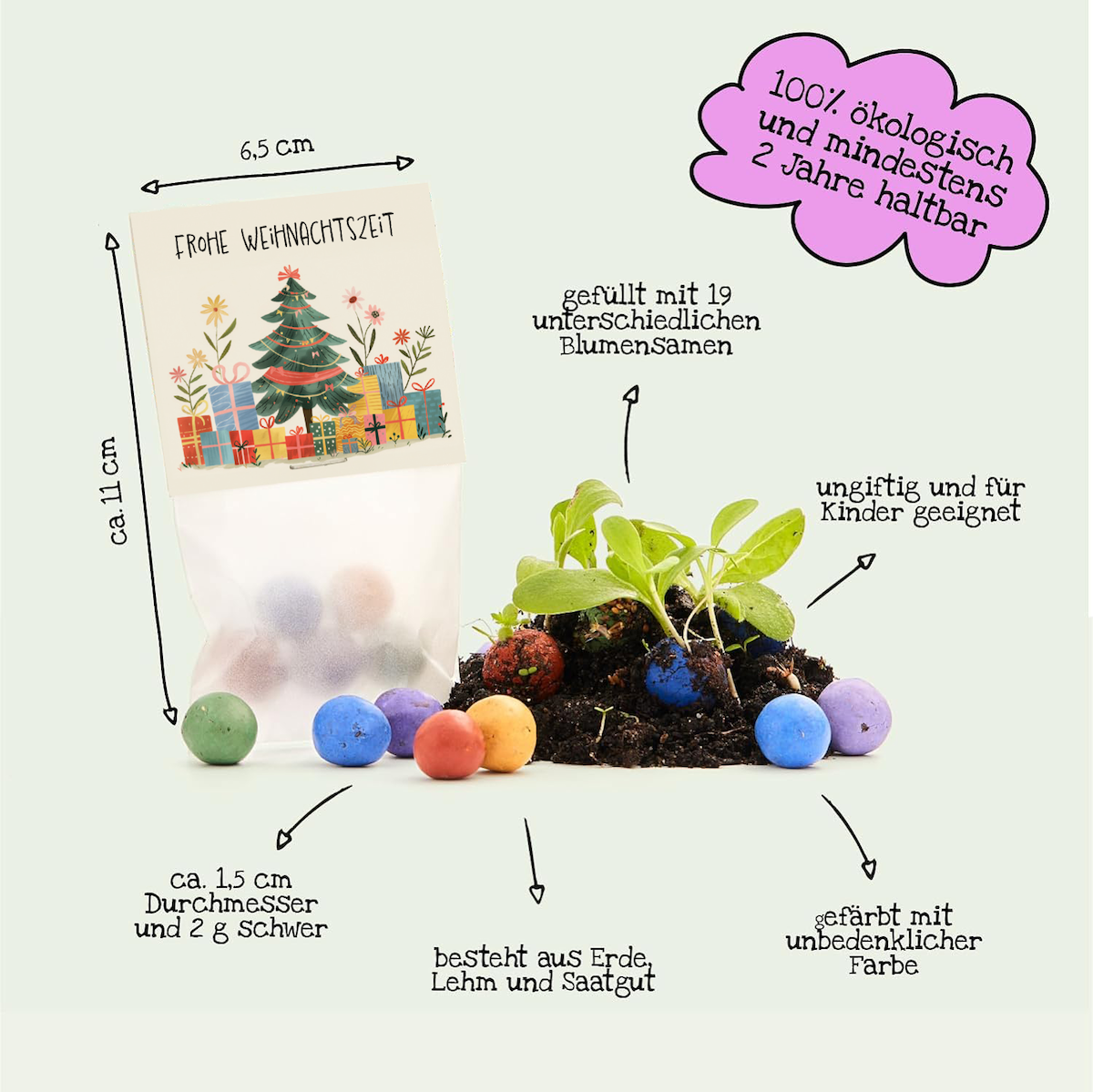 TDJ Stadtgärtner GmbH - Venta al por mayor Decoración navideña - Canicas florales - regalos arbóreos - Feliz Navidad - 5 canicas en bolsa3