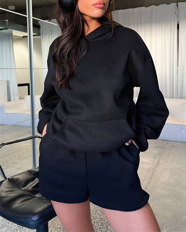 HIDDENBRAND - Wholesale Lounge Set - Women's - basic pocket hoodie &  drawstring short set outfits0