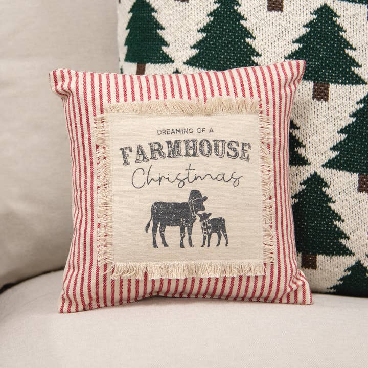 Col House Designs - Vendita all'ingrosso Cuscini decorativi - Cuscino “Dreaming of a Farmhouse Christmas” a righe rosse, 25 cm quadrati1