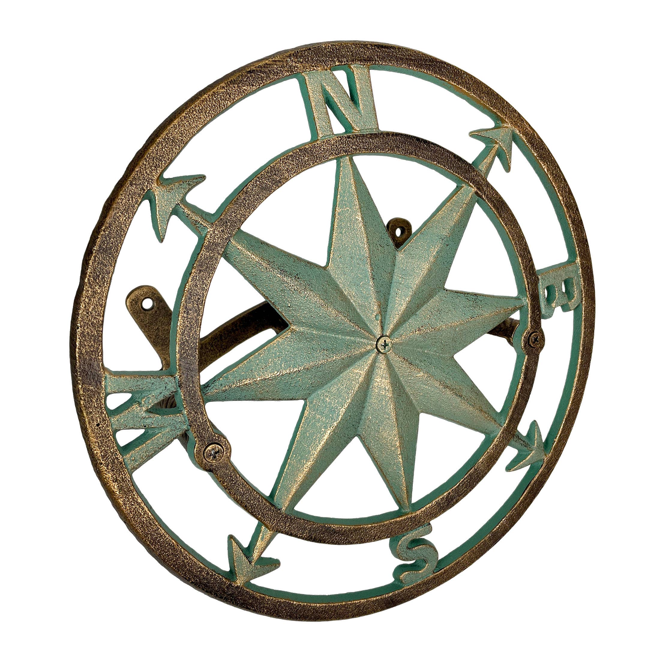 Zeckos - Wholesale Outdoor ornament/decor - Cast Iron Nautical Compass Rose Wall Mounted Decorative Hanging Garden Hose Holder Verdigris Green Finish0