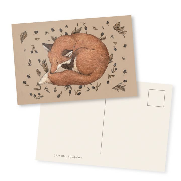 Tarjeta postal de 4 x 6 pulgadas con diseño de zorro durmiente para venta al por mayor de Jessica Roux Illustration