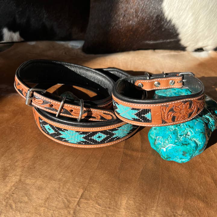 Westrian (Formerly Equipage) - Wholesale Pet Collar - Dog - Western Leather Turquoise Black Beaded Bling Dog Collar