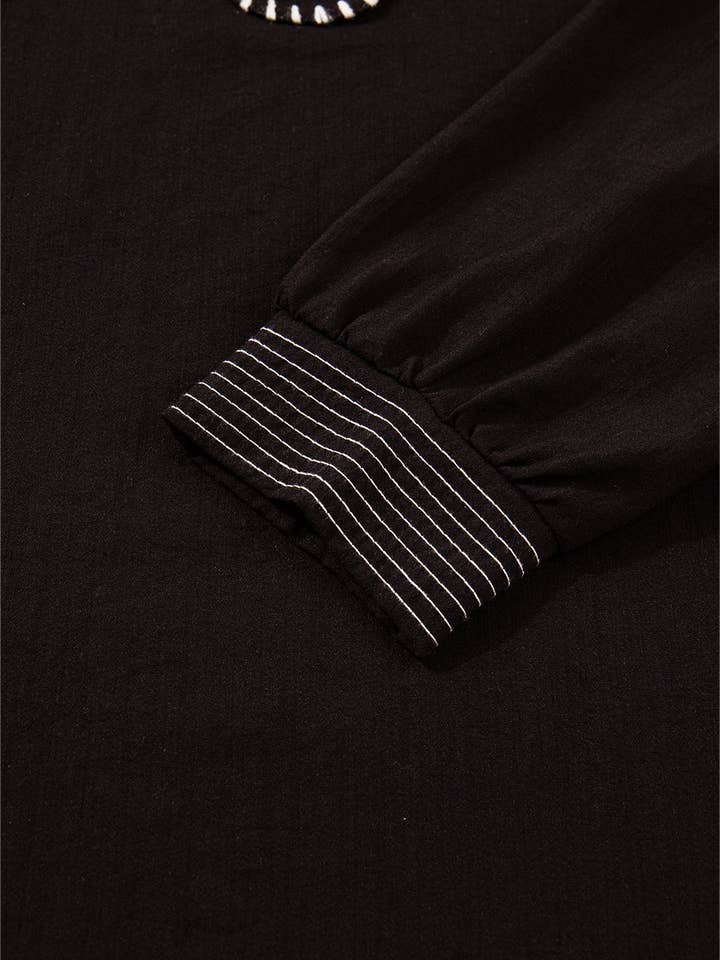 Black Contrast Stitching Ruffle Long Sleeve V-Neck Blouse for wholesale on Faire3