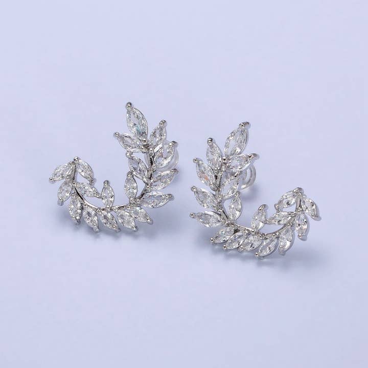 Aim Eternal - Wholesale Stud/Post Earrings - 24K Gold Filled Leaf Clear Marquise Circular Curved Line Stud Earrings in Silver & Gold | AB381 AB454