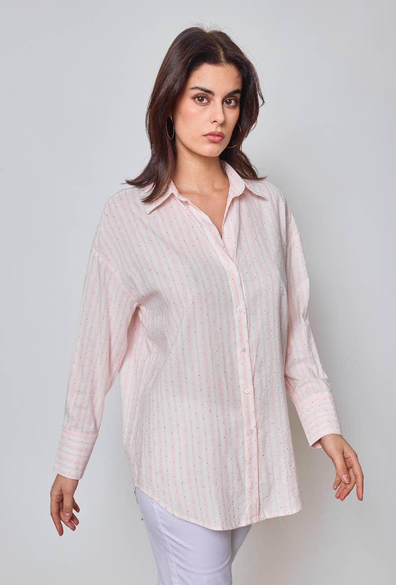 KY CREATION PARIS - Vente Chemise à col boutonné – femme - Chemise à rayures avec strass9