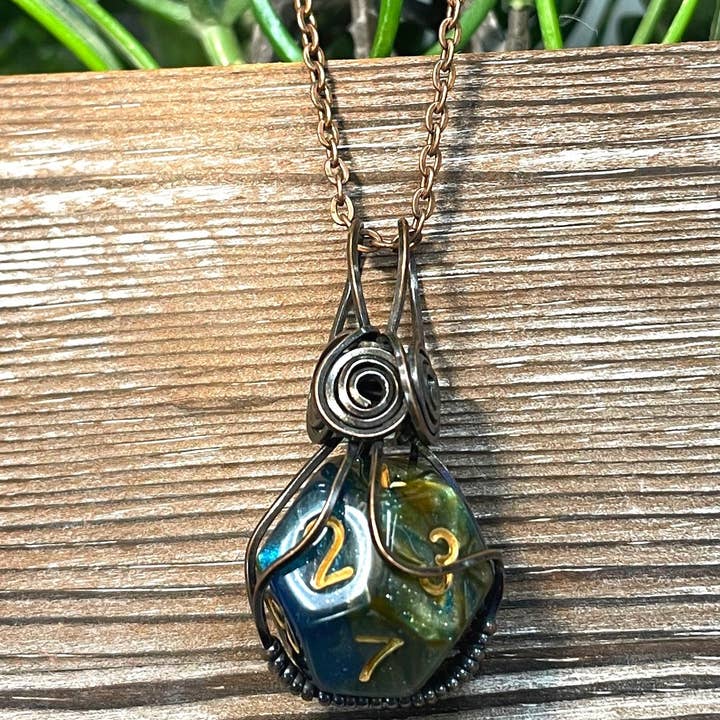 Wire Wrapped D12 Dice Pendant Gamer-- Random Color/Pattern Necklace for wholesale by Handmade by Marlayna