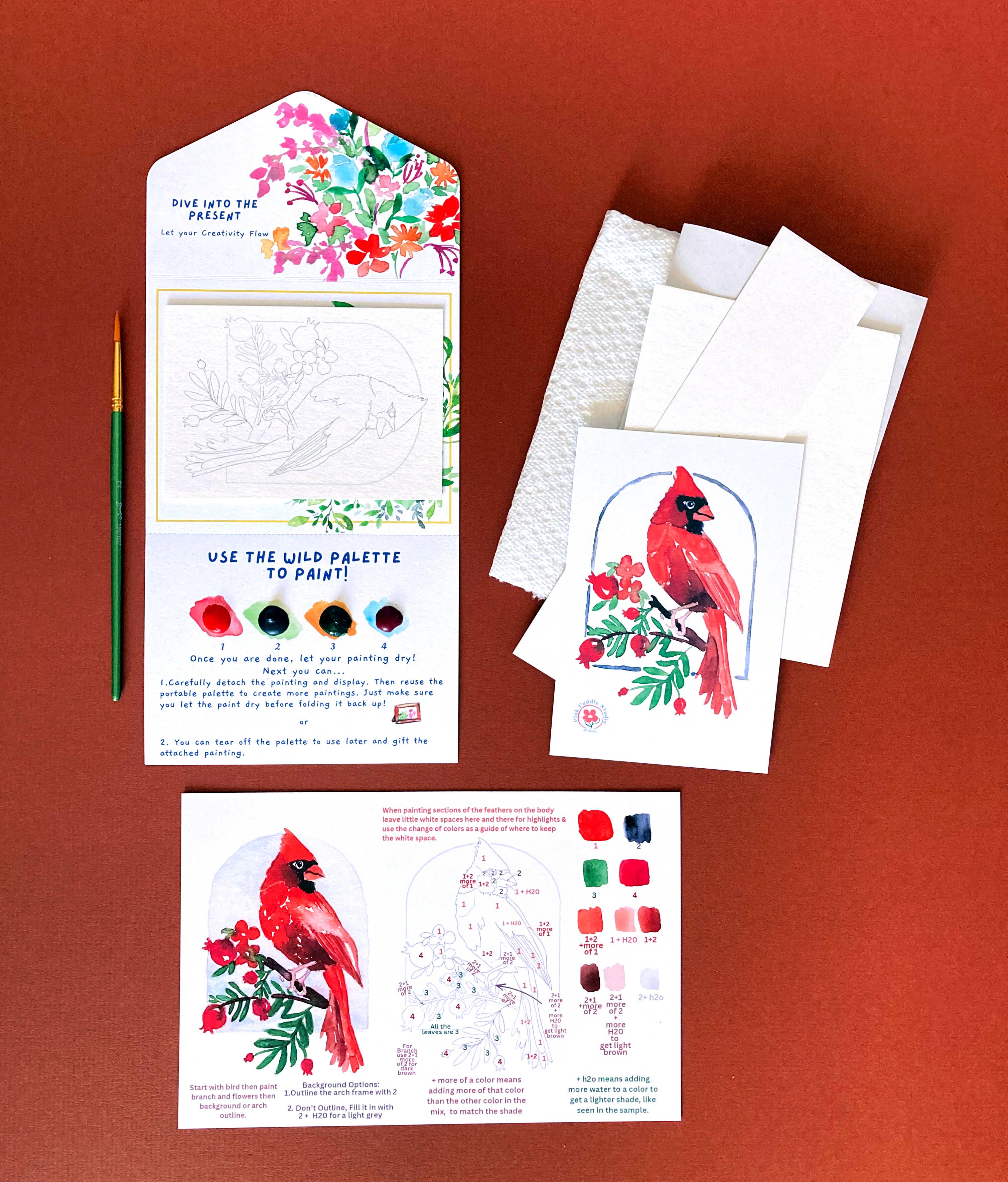 Pink Puddle Studio - Wholesale DIY Craft Kit - Red Cardinal Bird Floral Watercolor Paint by Number DIY Kit 4