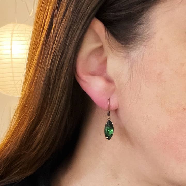 Christine Stoll | Altered Relics - Wholesale Dangle Earrings - Turmaline Green Vintage Rhinestone Earrings