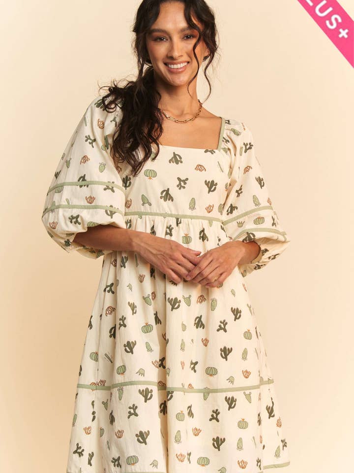 PLUS CACTUS PRINTED POPLIN CONTRAST DRESS for wholesale by Davi & Dani
