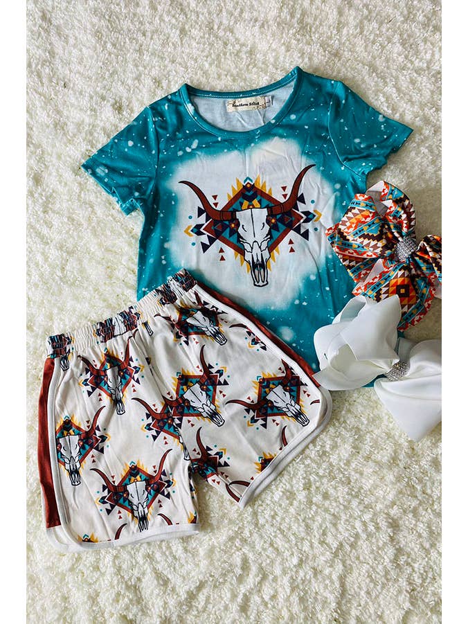 luluclothes - Wholesale Top & Short Set - Kids - XCH0333-8H Bull prints blue top & Aztec shorts girls outfit