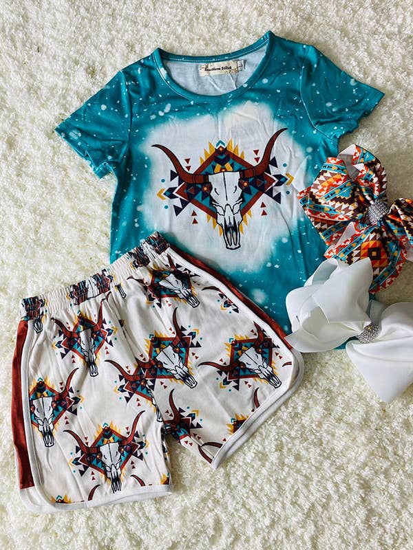 luluclothes - Wholesale Top & Short Set - Kids - XCH0333-8H Bull prints blue top & Aztec shorts girls outfit