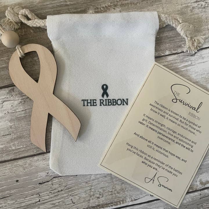 Ribbon "Survivor" Ornament with Card and Keepsake Bag for wholesale by Michigan Proud Gifts