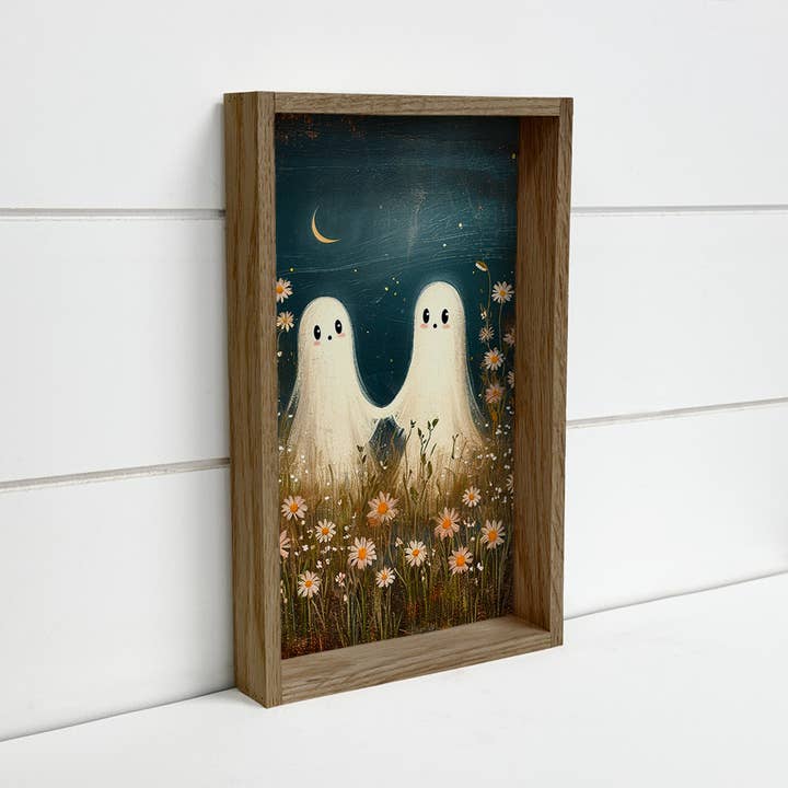 Hangout Home - Wholesale Art Print - Two Cute Ghosts Holding Hands in Flowers - Halloween Artwork