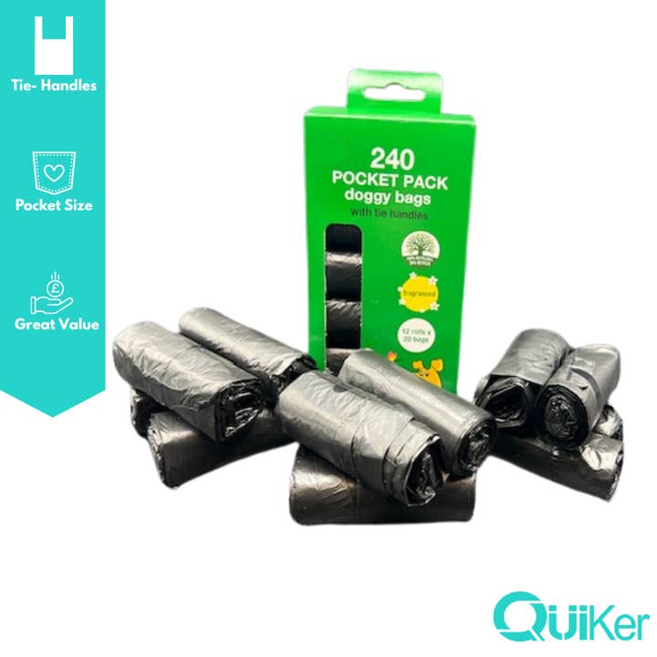 Quiker Pet Products - Wholesale Pet poo bag - 240 Bags-12 Rolls- Black Pocket Poop/Poo Bags - 6 Boxes +