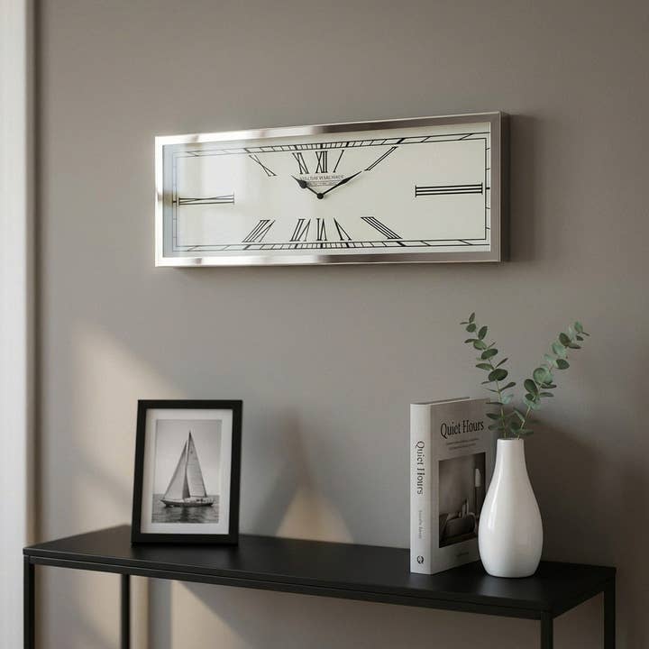 Reloj de pared números romanos rectangular plateado de alta calidad con frente de vidrio, A.20 cm para venta al por mayor de Antikas