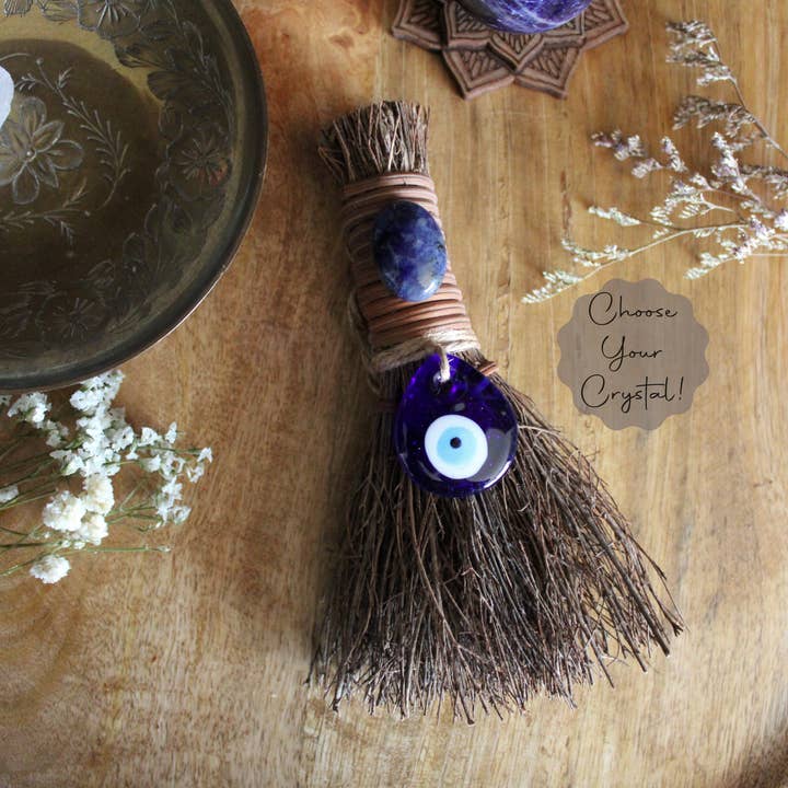 Moondust and Raven - Wholesale Meditation Supplies - Evil Eye Protection Witch's Broom, Crystal Witch Besom