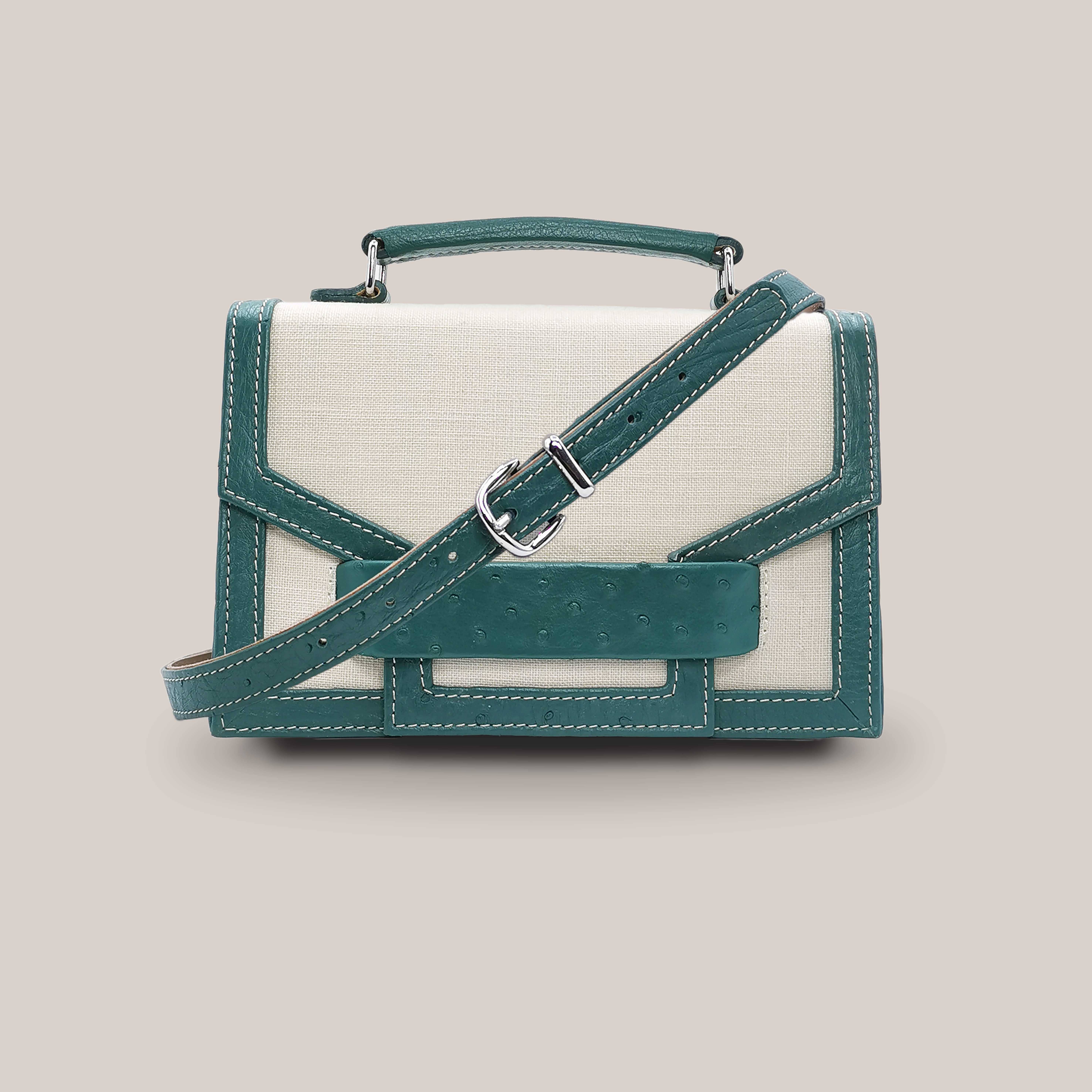 Alca Green Ostrich Leather And Linen Flip Bag for wholesale on Faire0