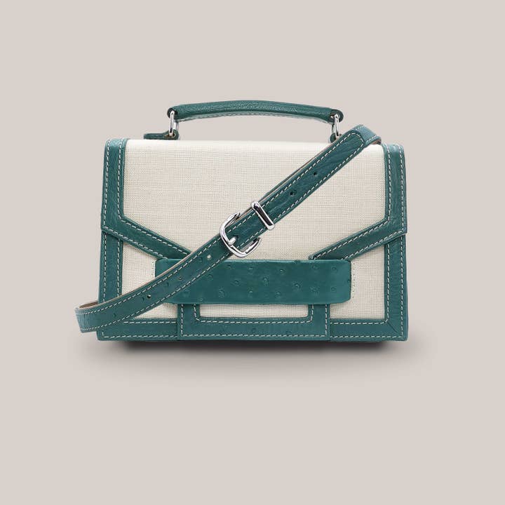 Alca Green Ostrich Leather And Linen Flip Bag for wholesale on Faire