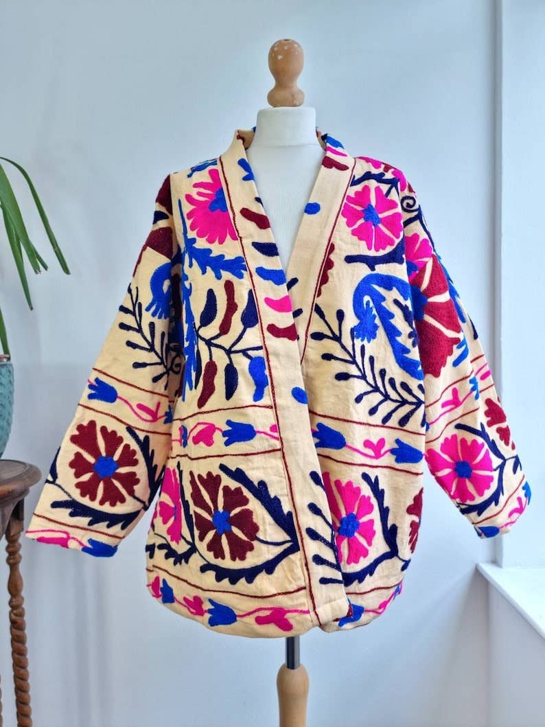 Essential Designs London – wholesale Jacket – Women's – Suzani Hand Embroidered Short Jacket | Autumn Boho Uzbek Kashmir Crewel | Christmas Special Gift | Classic Beige Pink Teal Turquoise |4
