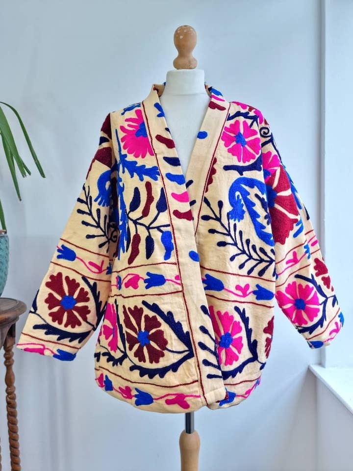 Essential Designs London – wholesale Jacket – Women's – Suzani Hand Embroidered Short Jacket | Autumn Boho Uzbek Kashmir Crewel | Christmas Special Gift | Classic Beige Pink Teal Turquoise |4