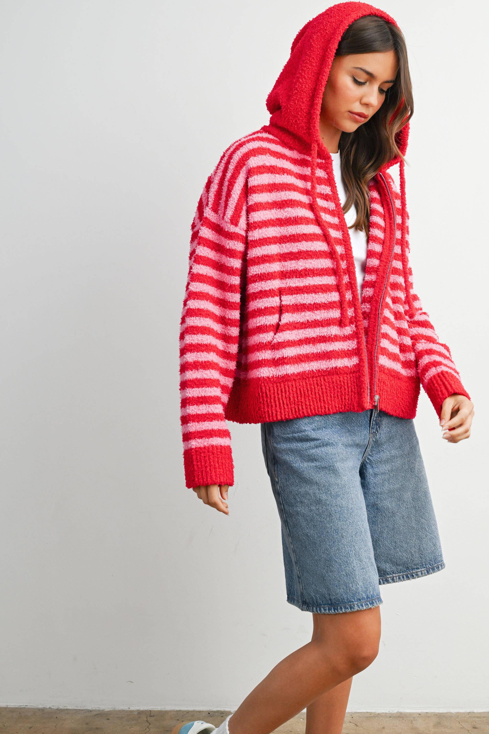 BUTTERMELON - Wholesale Knit Sweater - Women's - Striped Zip-Up Hooded Cardigan - BMC809721