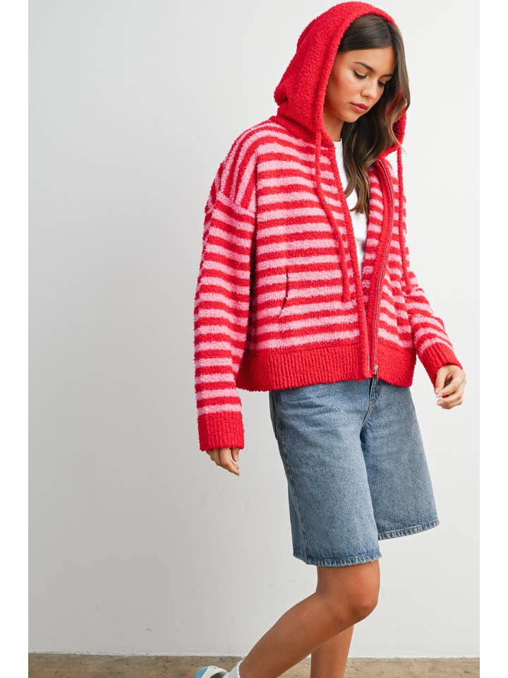 BUTTERMELON - Wholesale Knit Sweater - Women's - Striped Zip-Up Hooded Cardigan - BMC809721